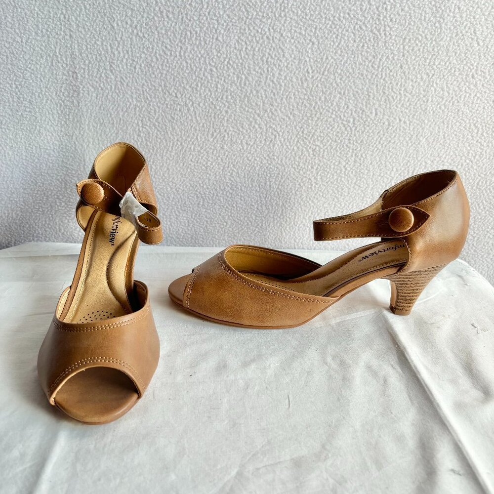 Comfortveiw Tan Open Toe Mary Jane Heels
